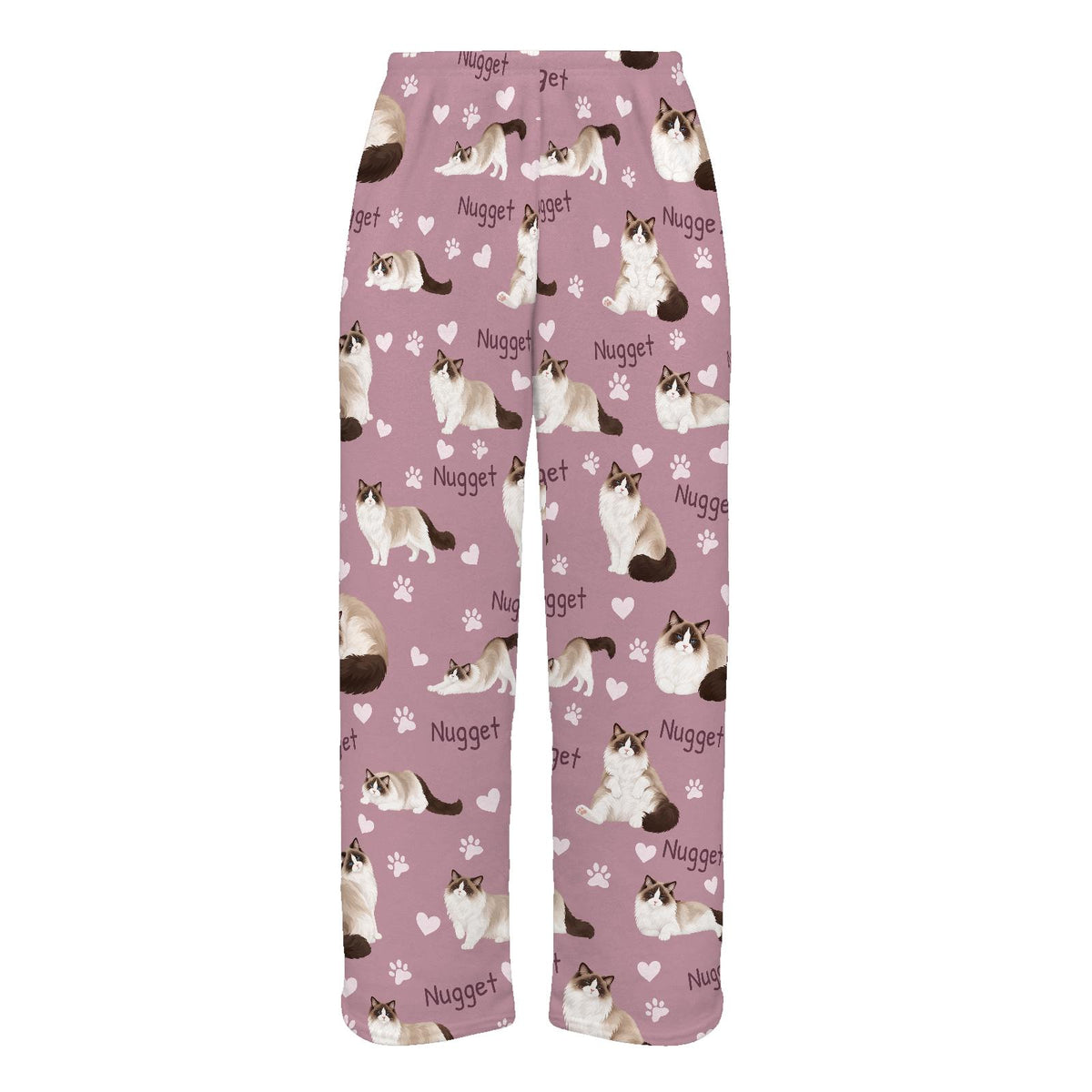 Ragdoll personalized pet name fleece pajama trousers, flat front view.