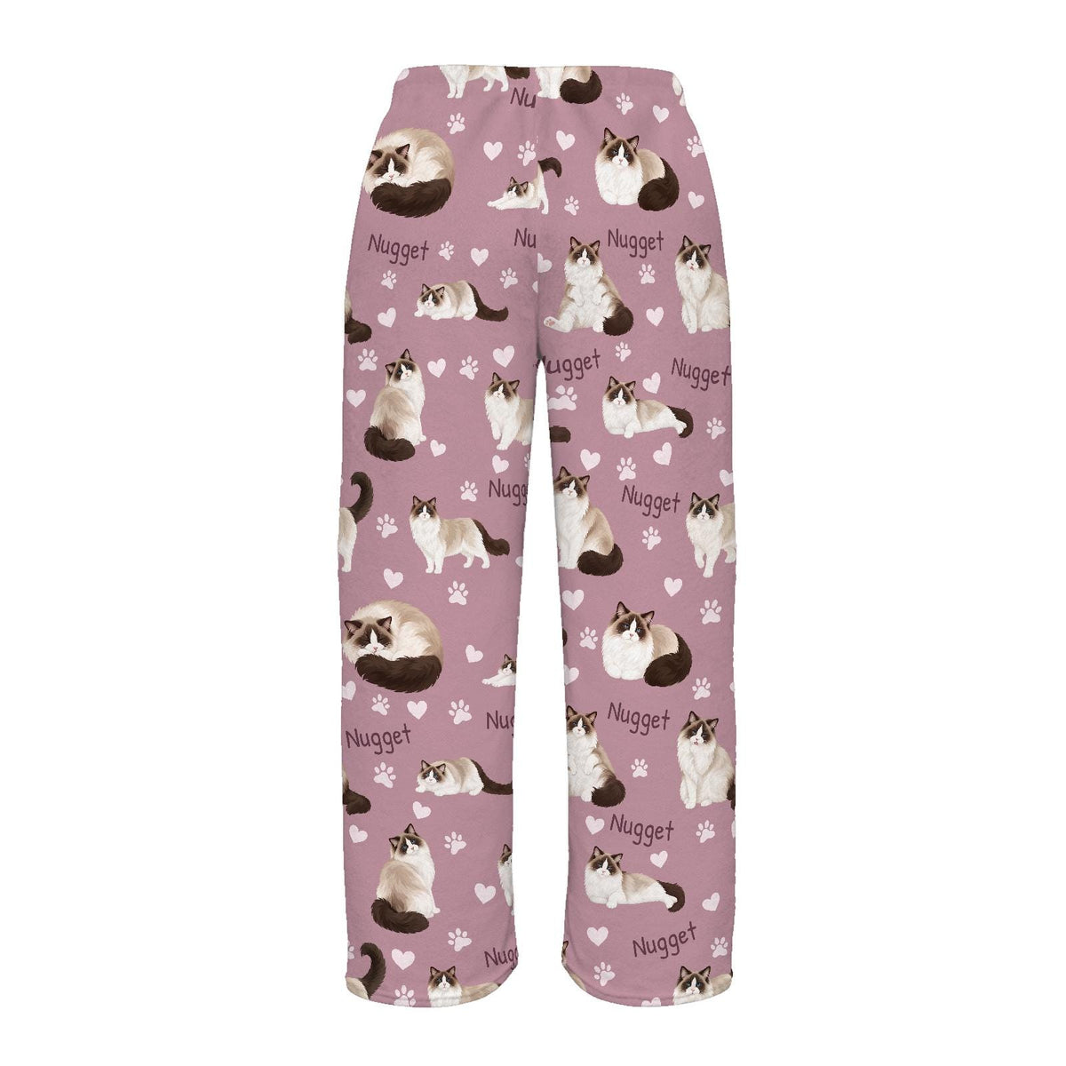 Ragdoll personalized pet name fleece pajama trousers, flat back view.