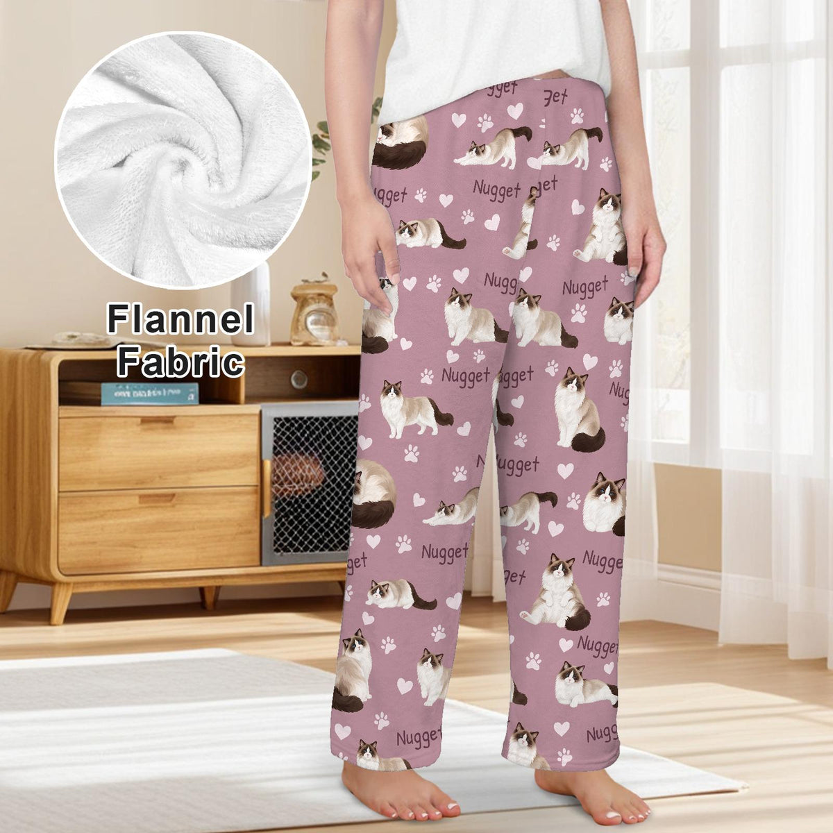 Ragdoll personalized pet name fleece pajama trousers, front lifestyle view.