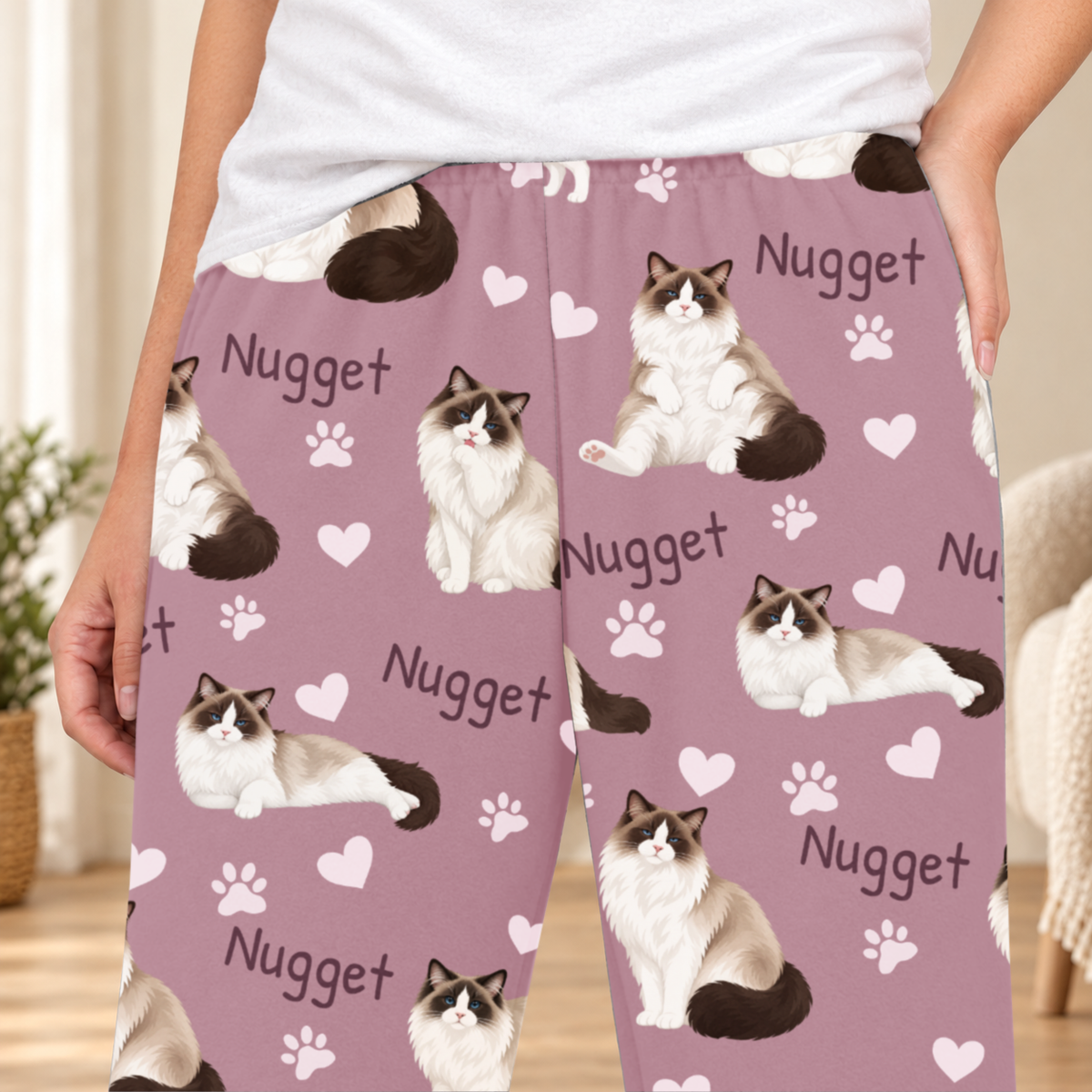 Ragdoll Seal Bicolor personalized fleece pajama close-up showing breed artwork and example pet name