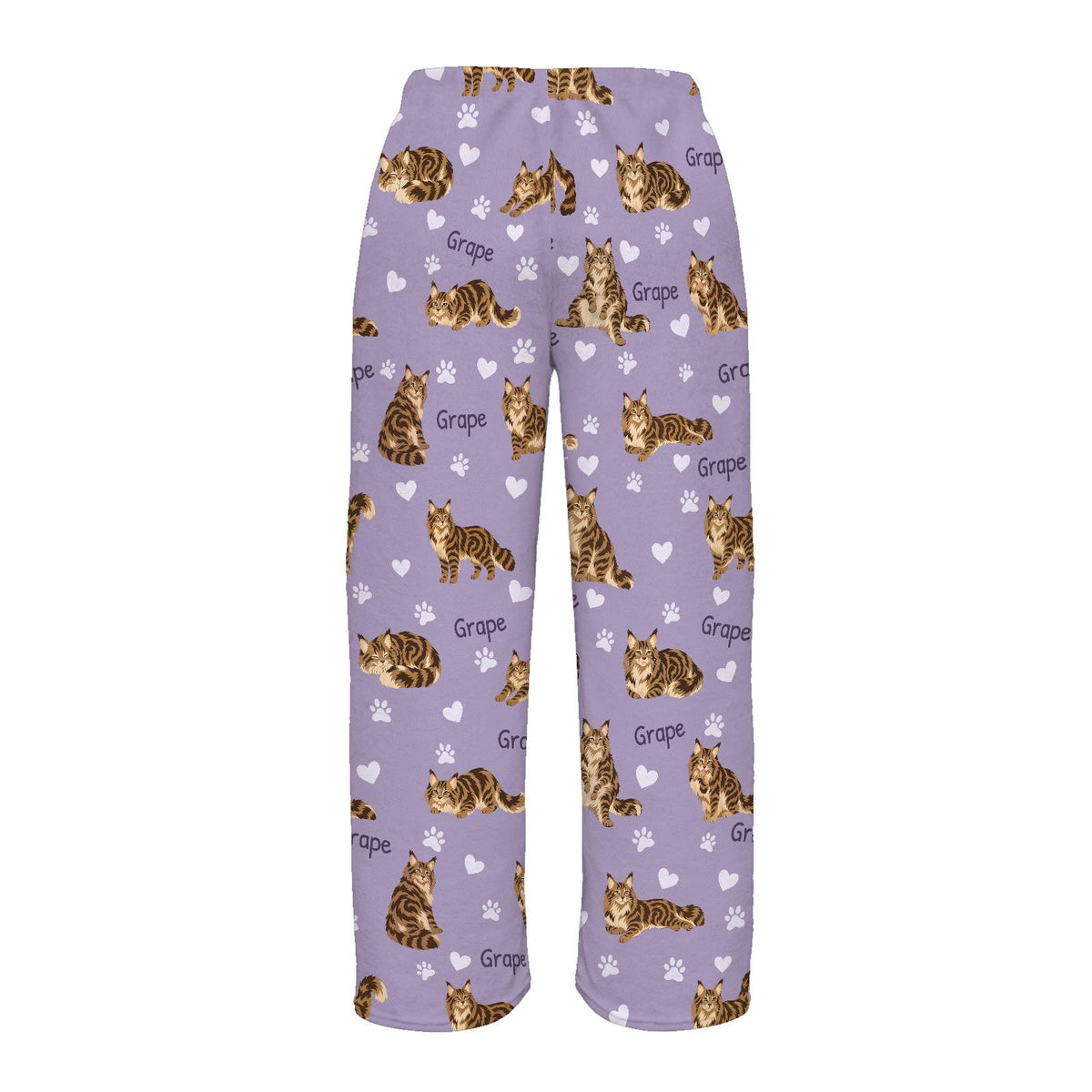 Maine Coon personalized pet name fleece pajama trousers, flat back view.