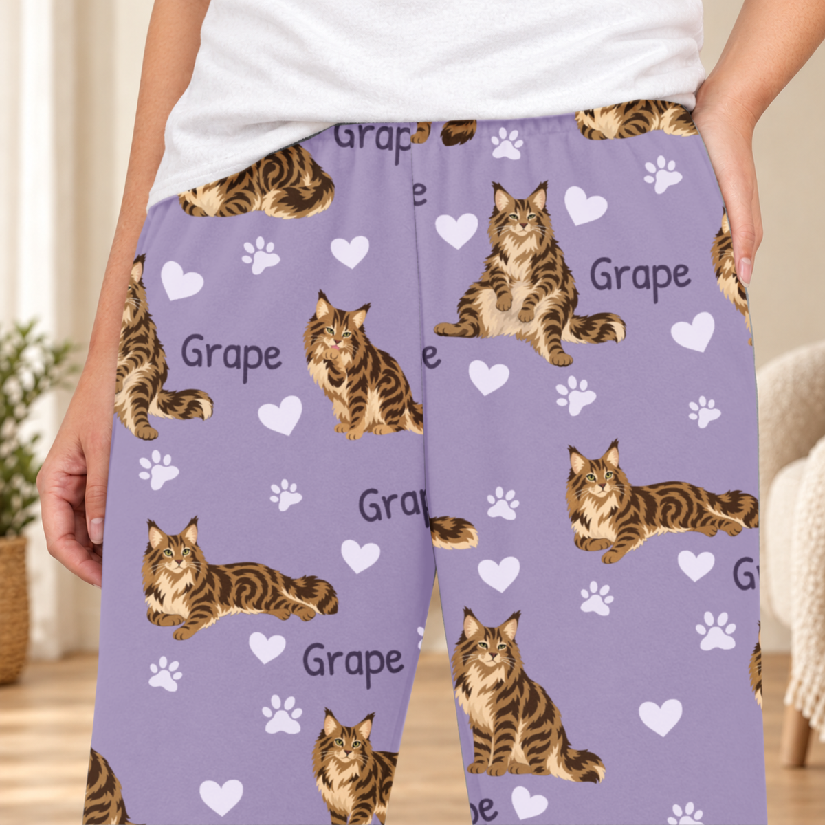 Maine Coon Brown Classic Tabby personalized fleece pajama close-up showing breed artwork and example pet name