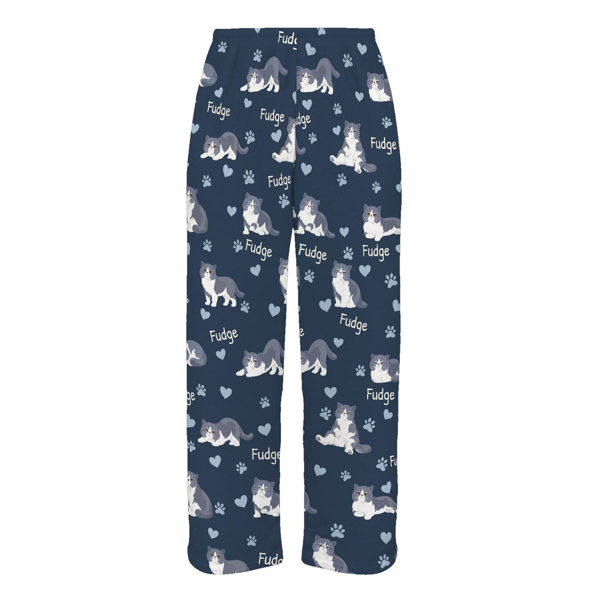 Exotic Shorthair personalized pet name fleece pajama trousers, flat front view.