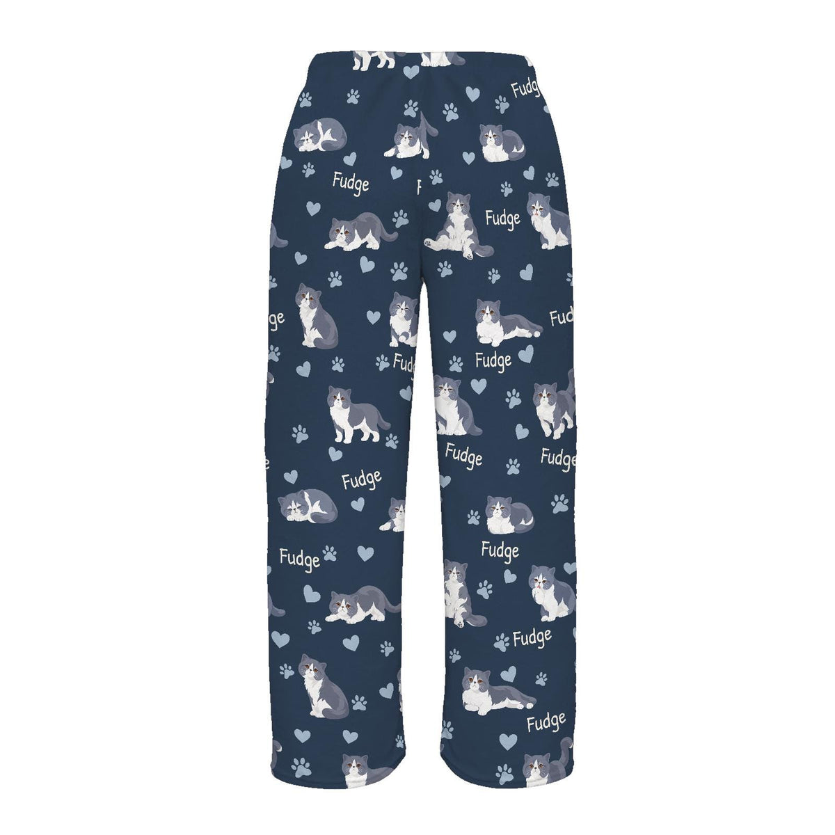 Exotic Shorthair personalized pet name fleece pajama trousers, flat back view.