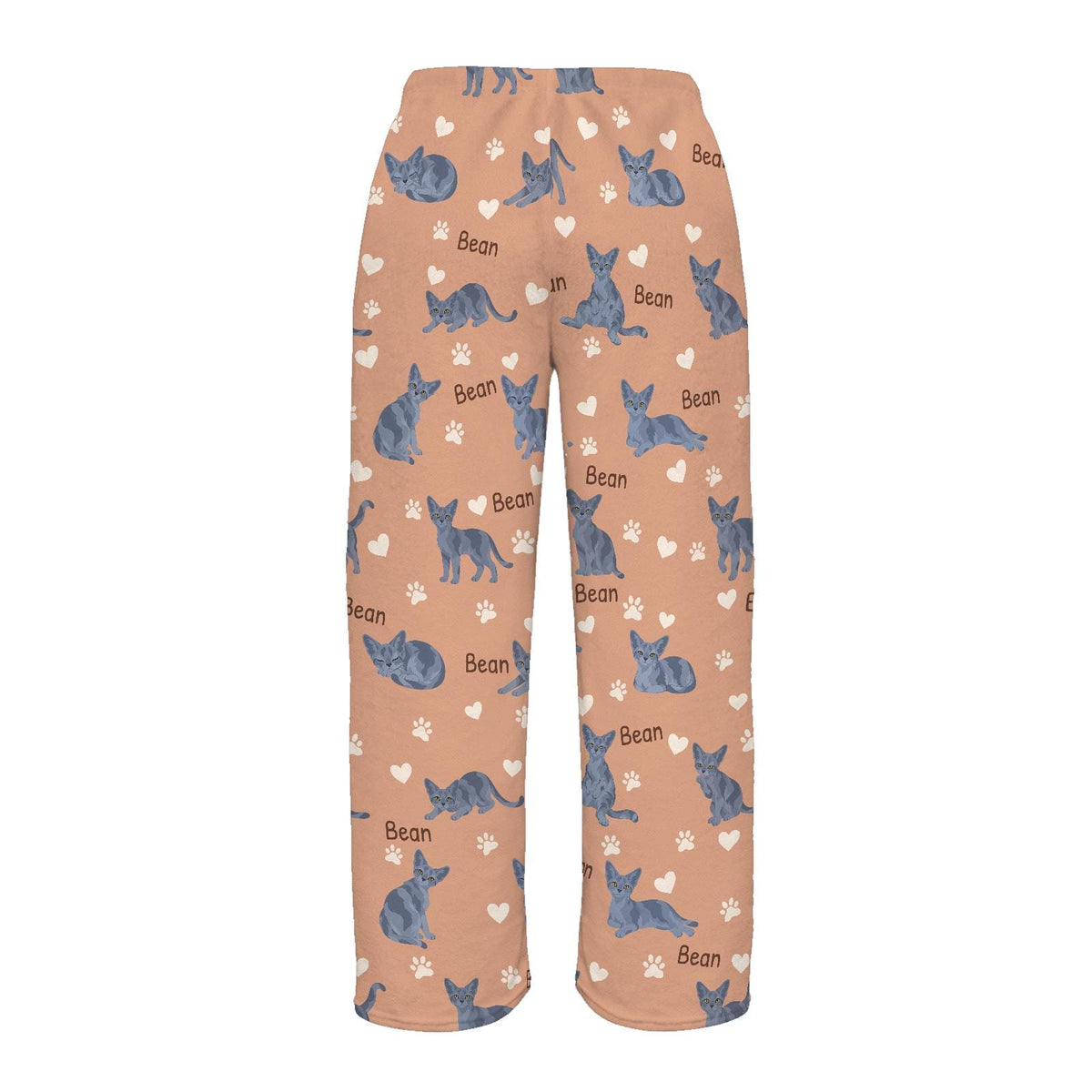 Devon Rex personalized pet name fleece pajama trousers, flat back view.