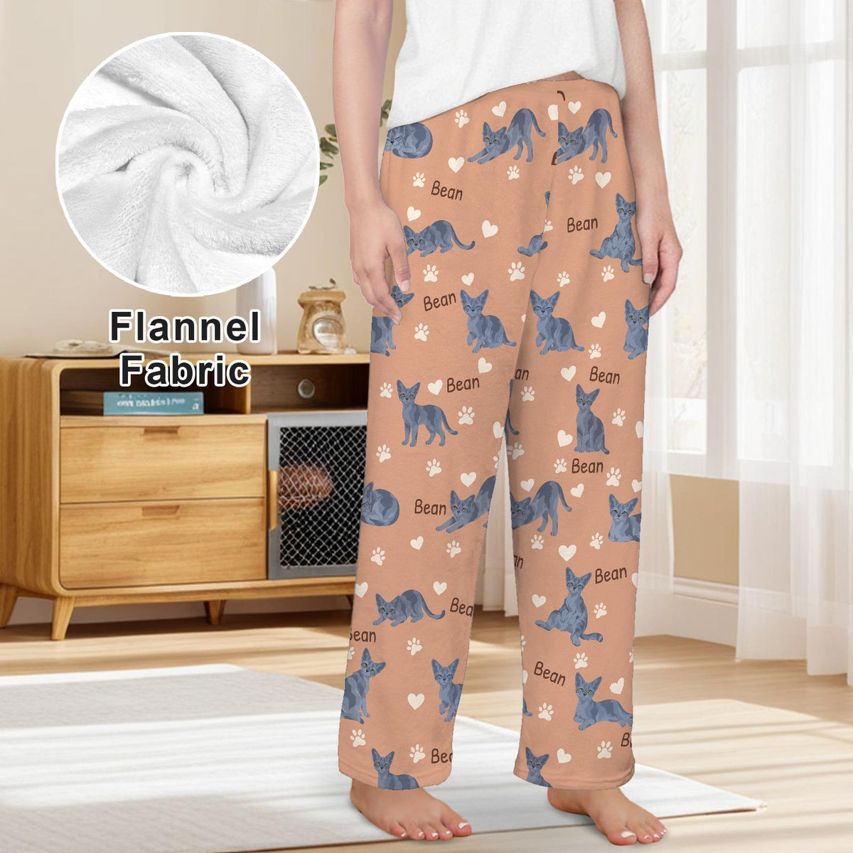 Devon Rex personalized pet name fleece pajama trousers, front lifestyle view.