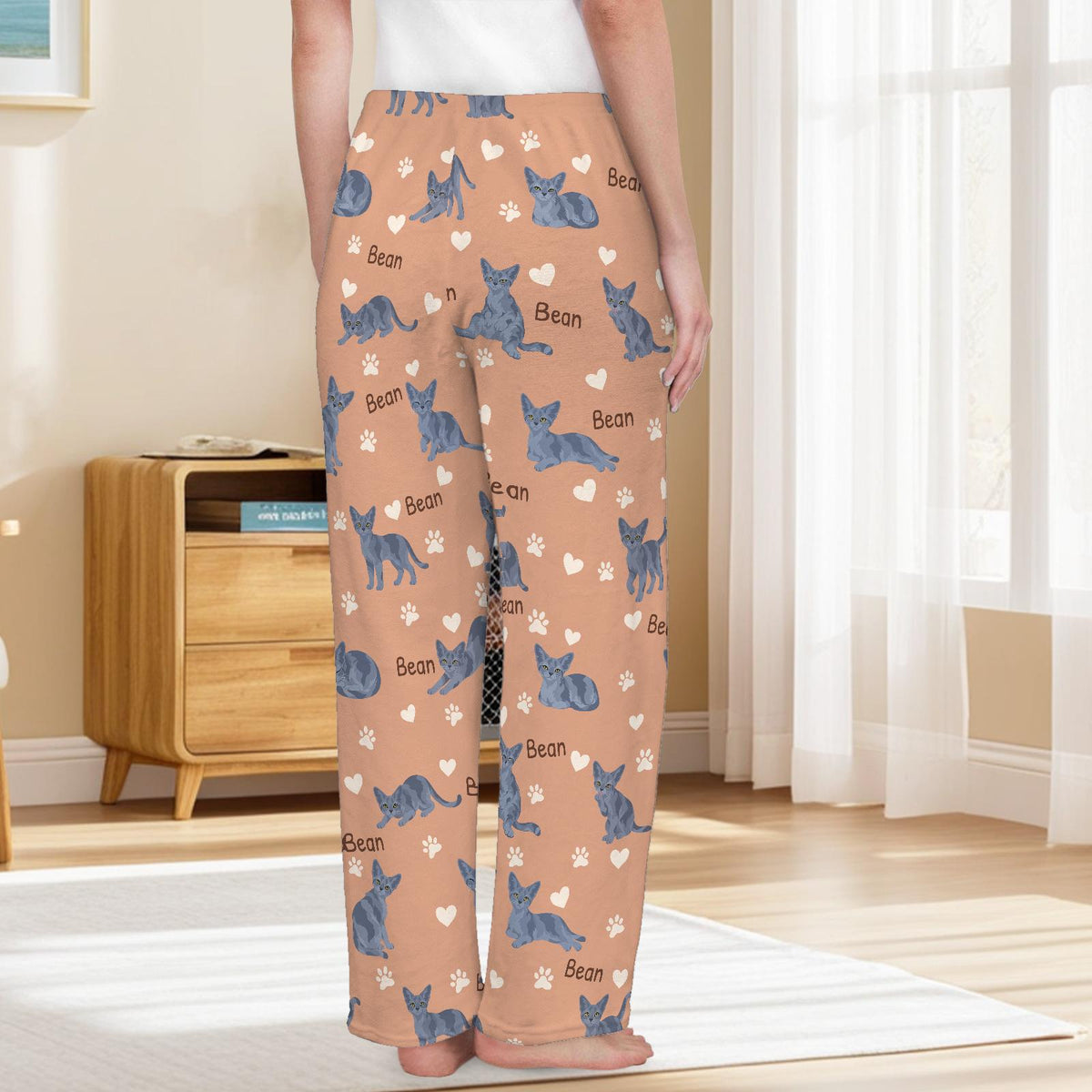 Devon Rex personalized pet name fleece pajama trousers, back lifestyle view.