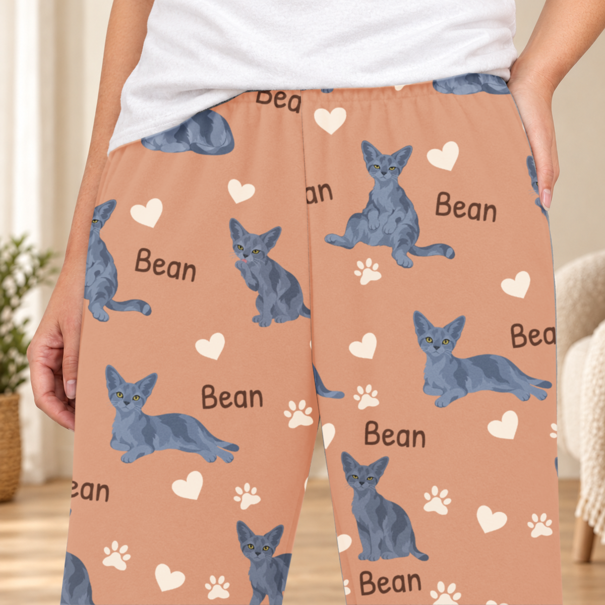 Devon Rex Blue personalized fleece pajama close-up showing breed artwork and example pet name