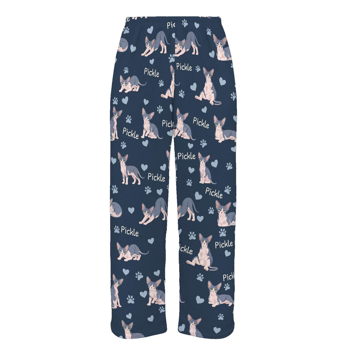 Sphynx personalized pet name fleece pajama trousers, flat front view.