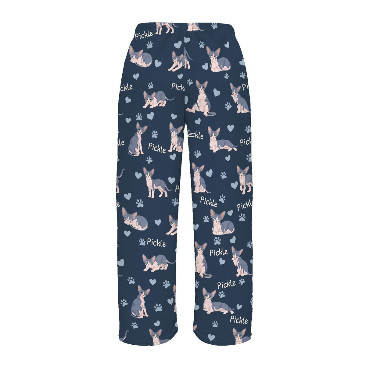 Sphynx personalized pet name fleece pajama trousers, flat back view.