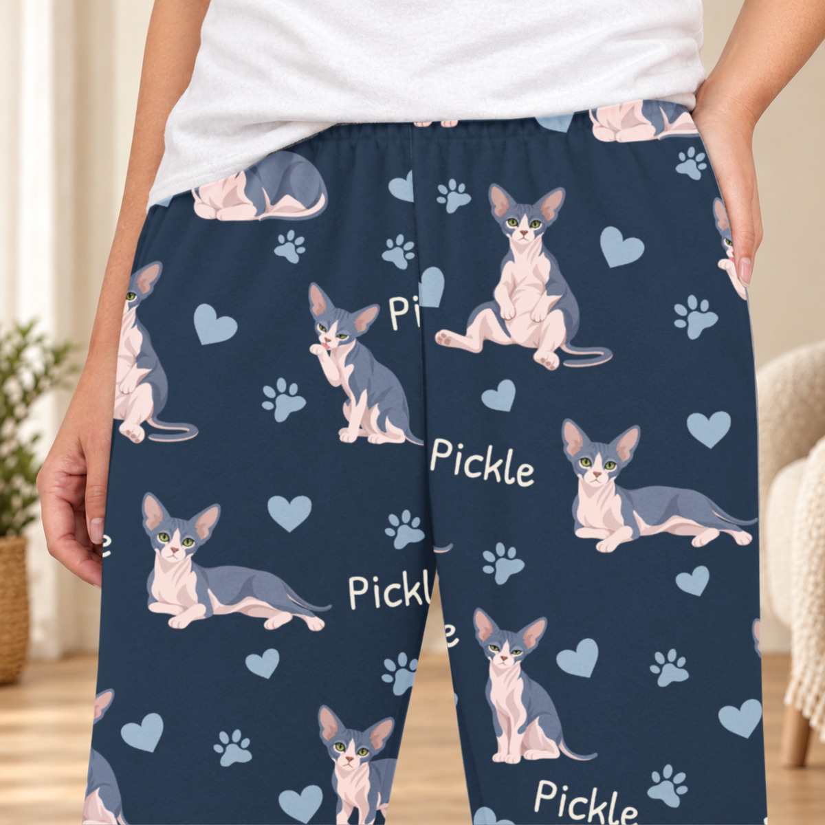 Sphynx Blue And White Skin Pigmentation personalized fleece pajama close-up showing breed artwork and example pet name