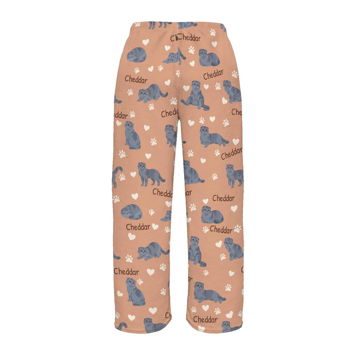 Scottish Fold personalized pet name fleece pajama trousers, flat back view.