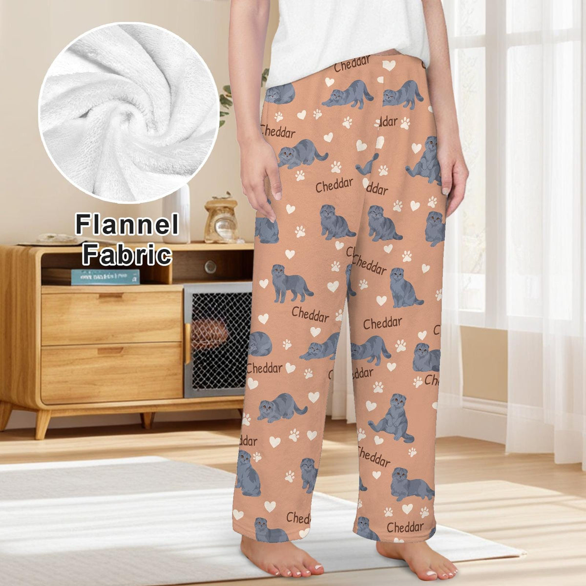 Scottish Fold personalized pet name fleece pajama trousers, front lifestyle view.