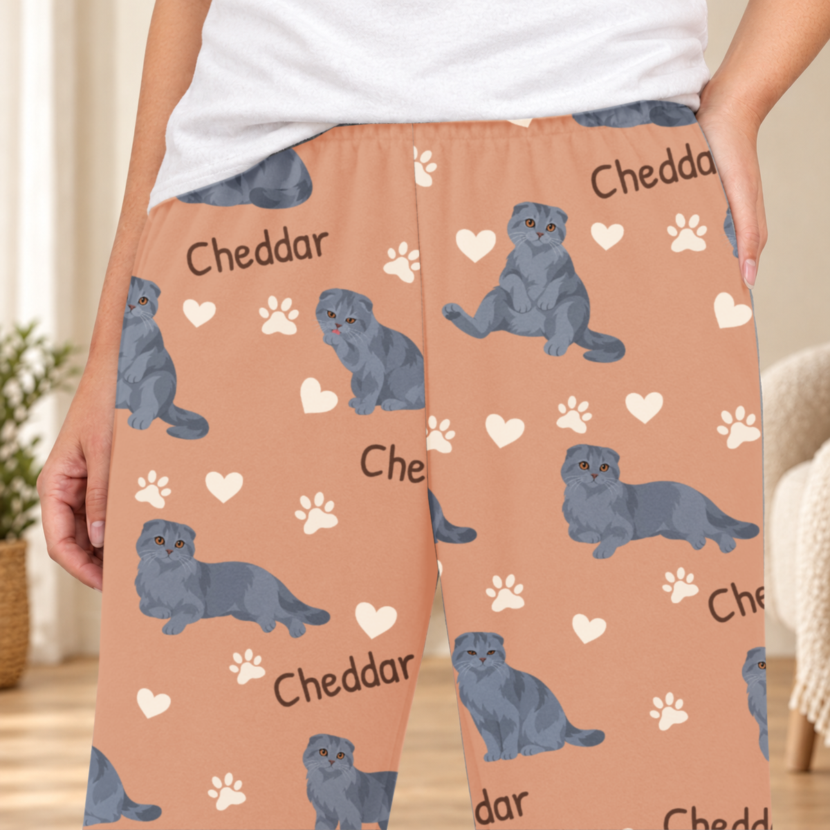 Scottish Fold Solid Blue Gray personalized fleece pajama close-up showing breed artwork and example pet name
