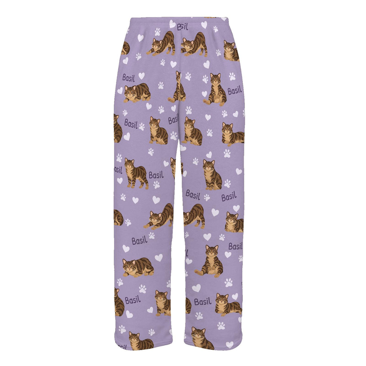 Manx personalized pet name fleece pajama trousers, flat front view.