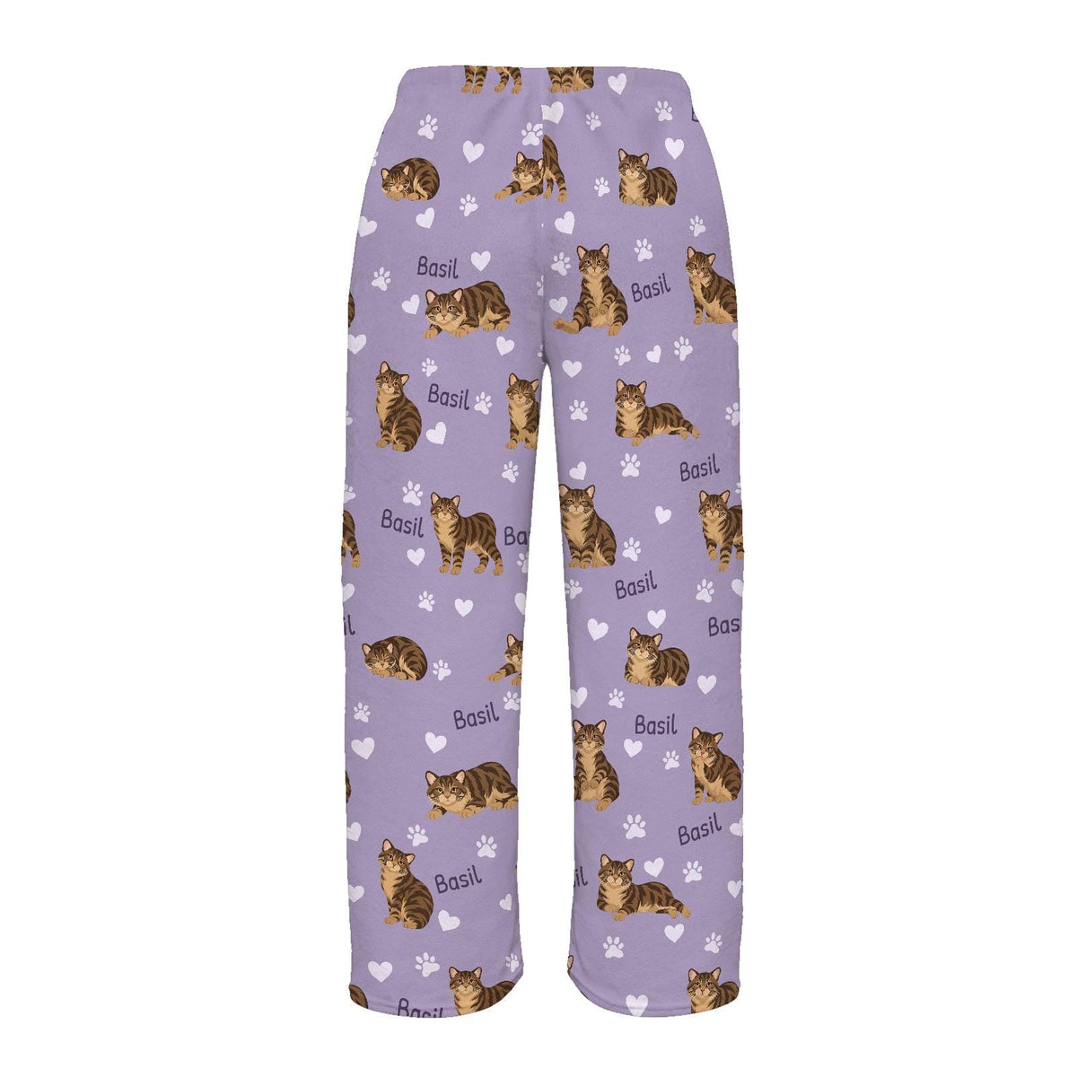 Manx personalized pet name fleece pajama trousers, flat back view.