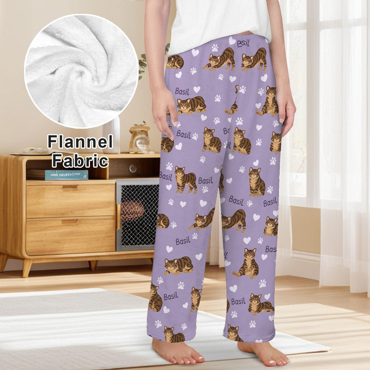 Manx personalized pet name fleece pajama trousers, front lifestyle view.