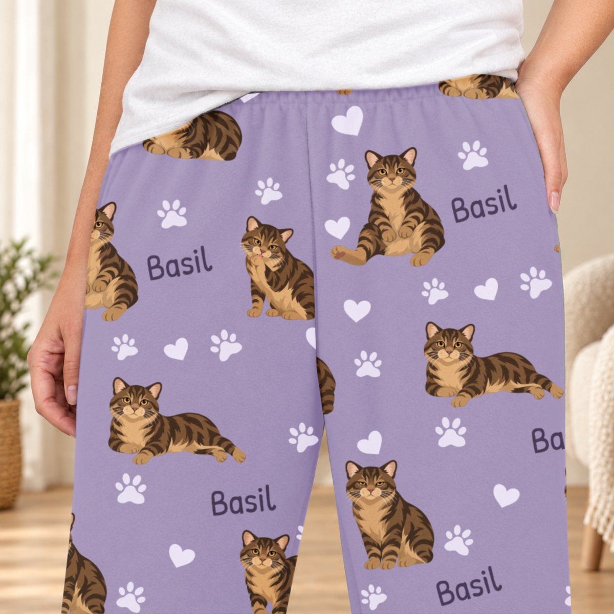 Manx Brown Tabby personalized fleece pajama close-up showing breed artwork and example pet name