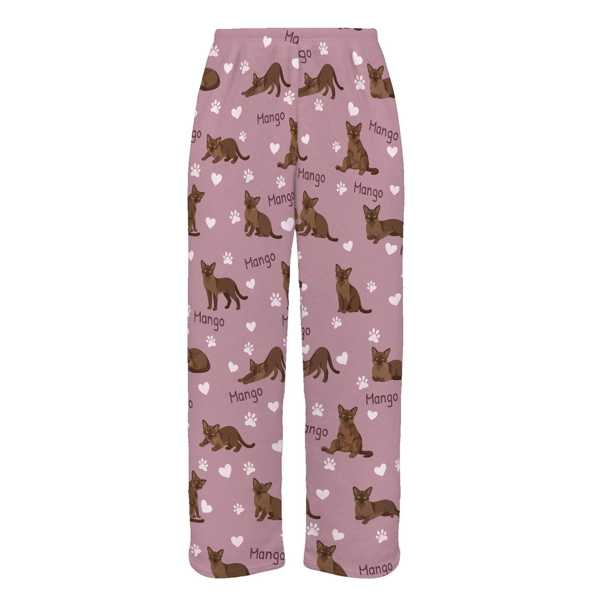 European Burmese personalized pet name fleece pajama trousers, flat front view.