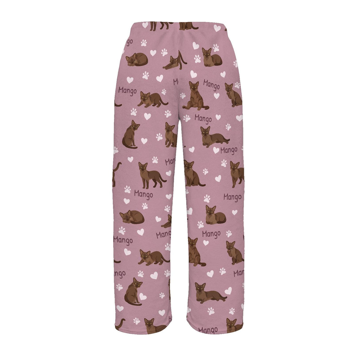 European Burmese personalized pet name fleece pajama trousers, flat back view.