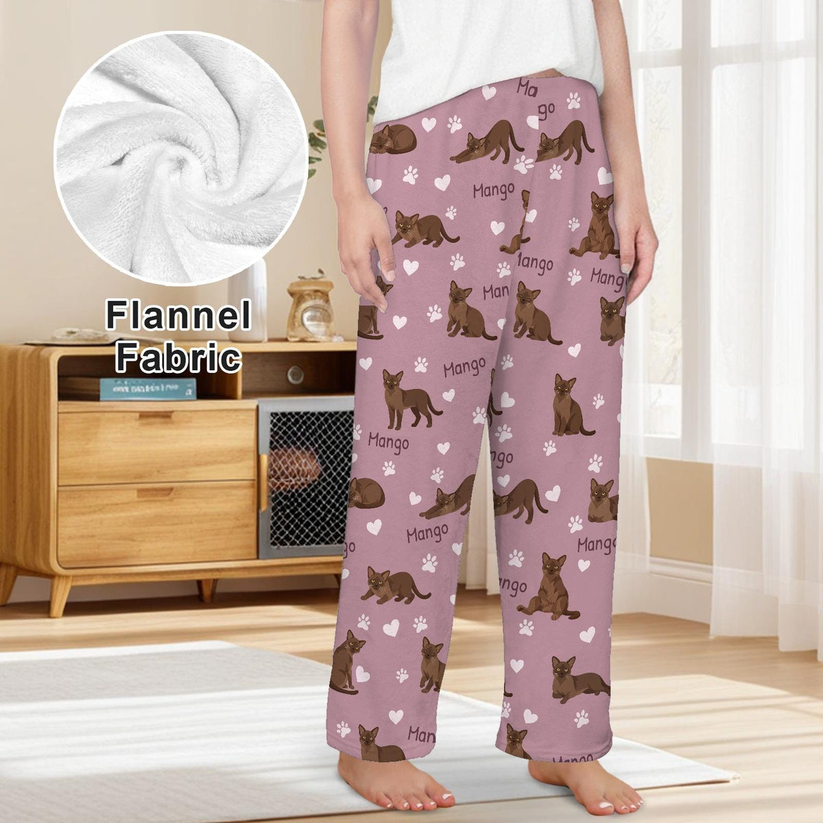 European Burmese personalized pet name fleece pajama trousers, front lifestyle view.