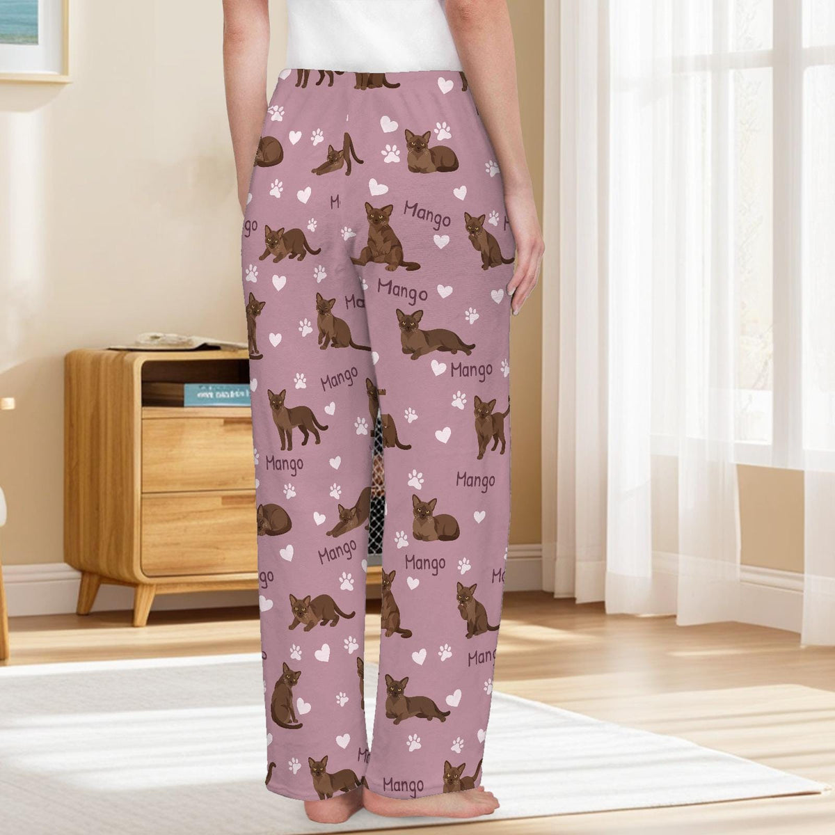 European Burmese personalized pet name fleece pajama trousers, back lifestyle view.
