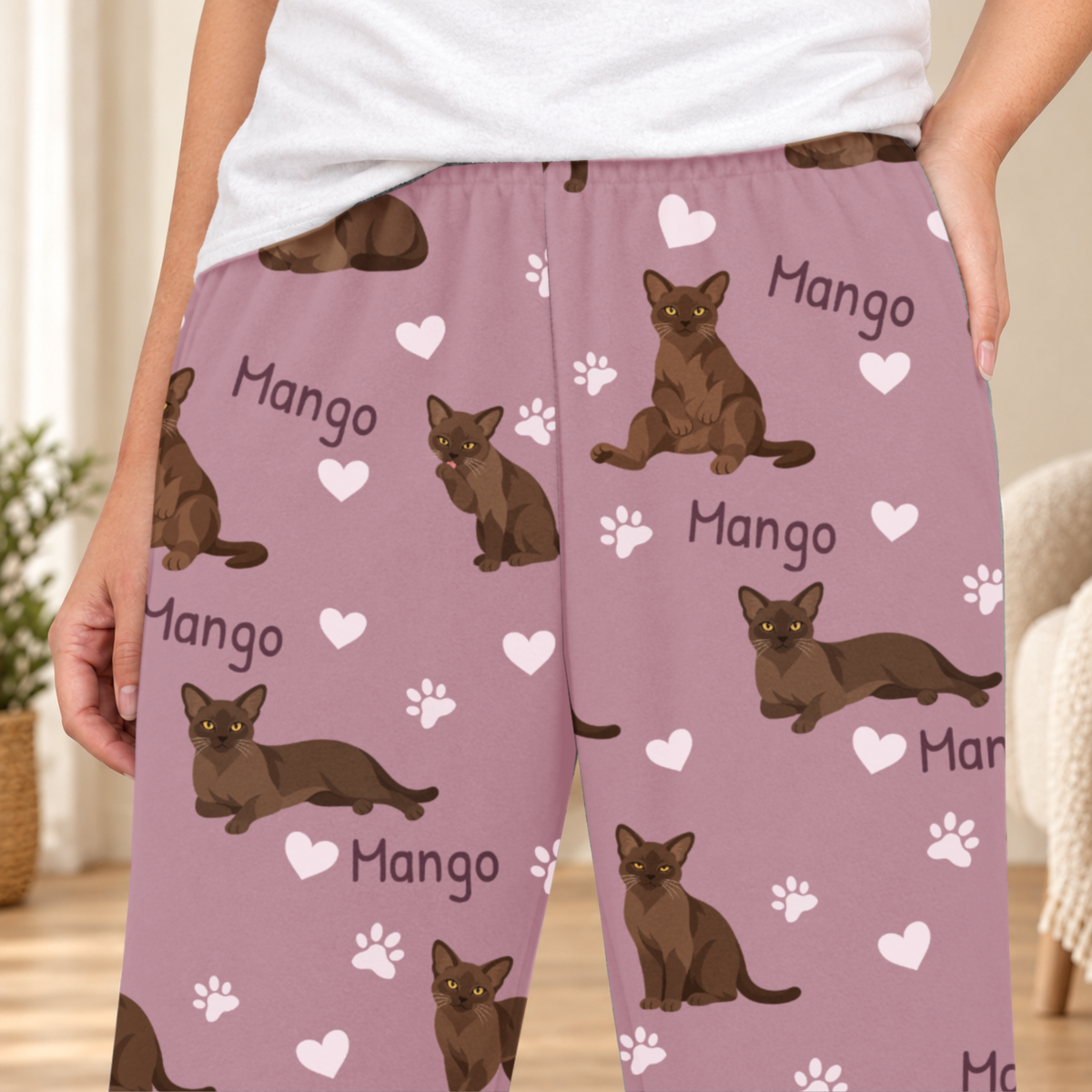 European Burmese Warm Brown personalized fleece pajama close-up showing breed artwork and example pet name