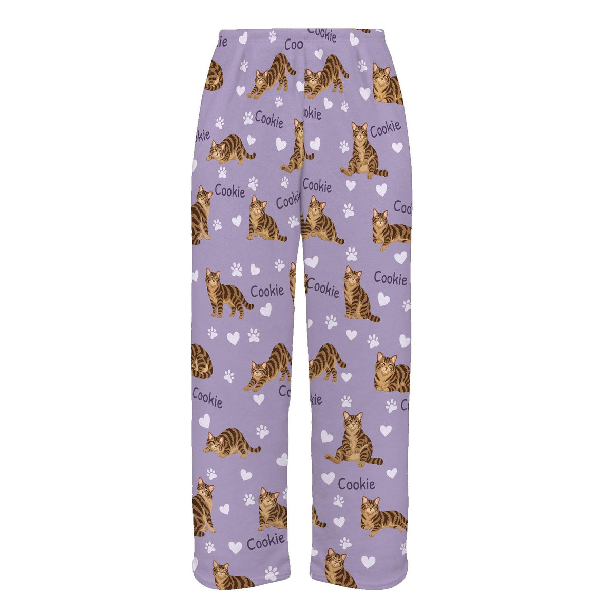 American Wirehair personalized pet name fleece pajama trousers, flat front view.
