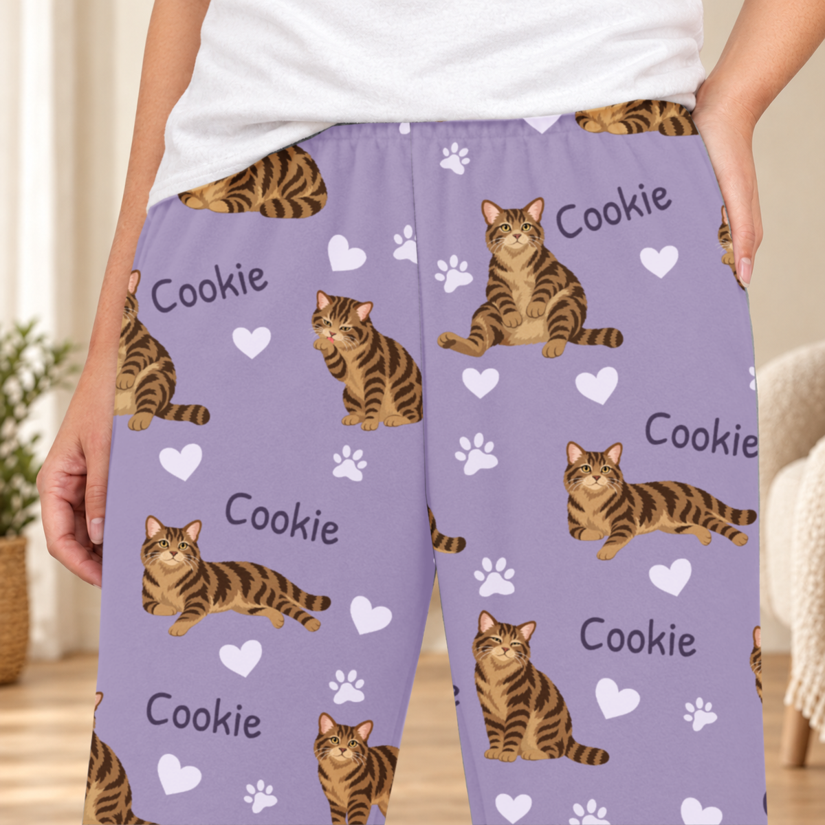 American Wirehair Brown Tabby personalized fleece pajama close-up showing breed artwork and example pet name
