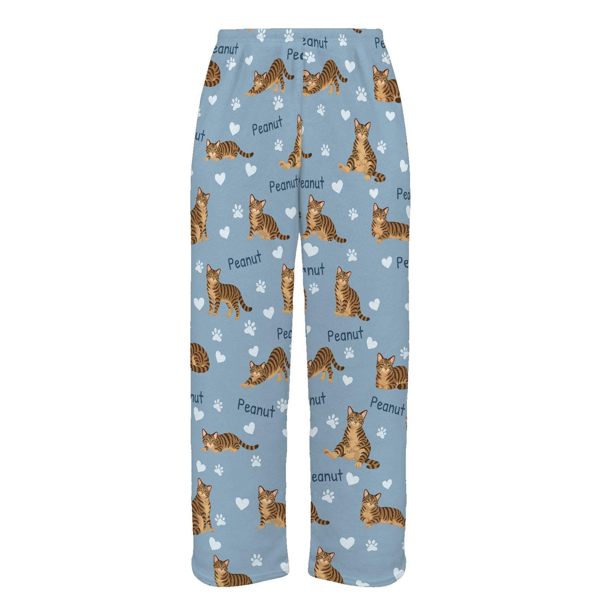 Domestic Shorthair personalized pet name fleece pajama trousers, flat front view.
