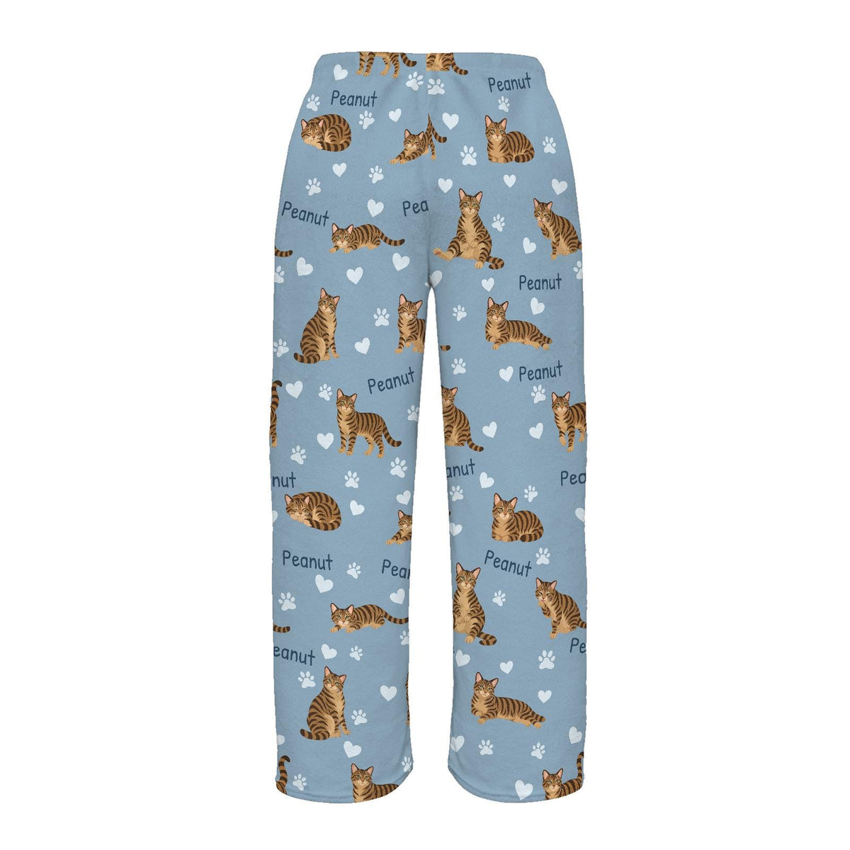 Domestic Shorthair personalized pet name fleece pajama trousers, flat back view.