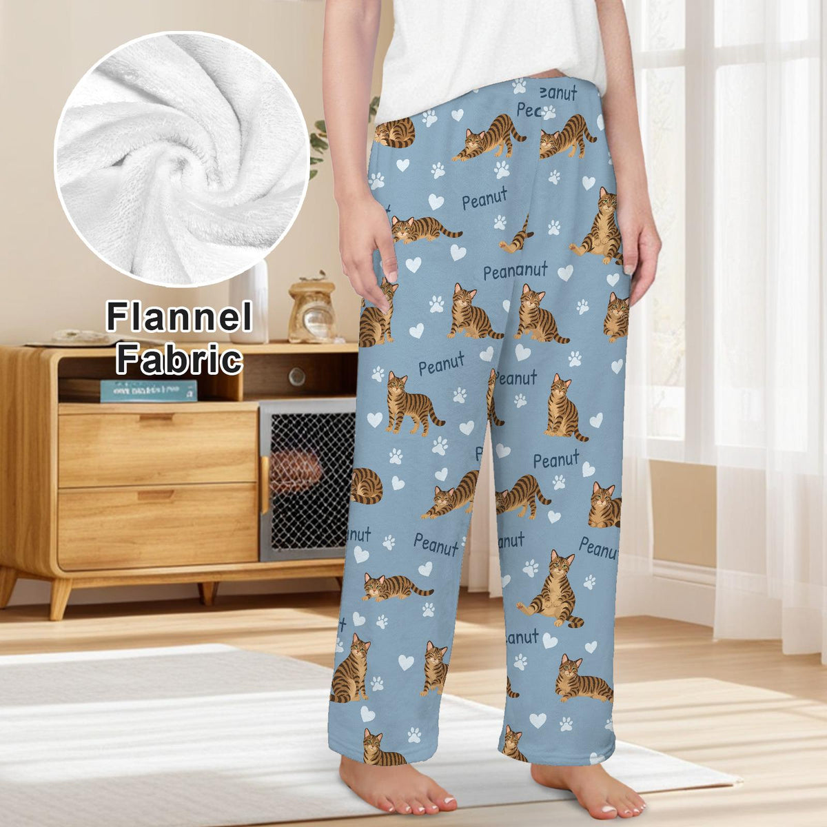 Domestic Shorthair personalized pet name fleece pajama trousers, front lifestyle view.