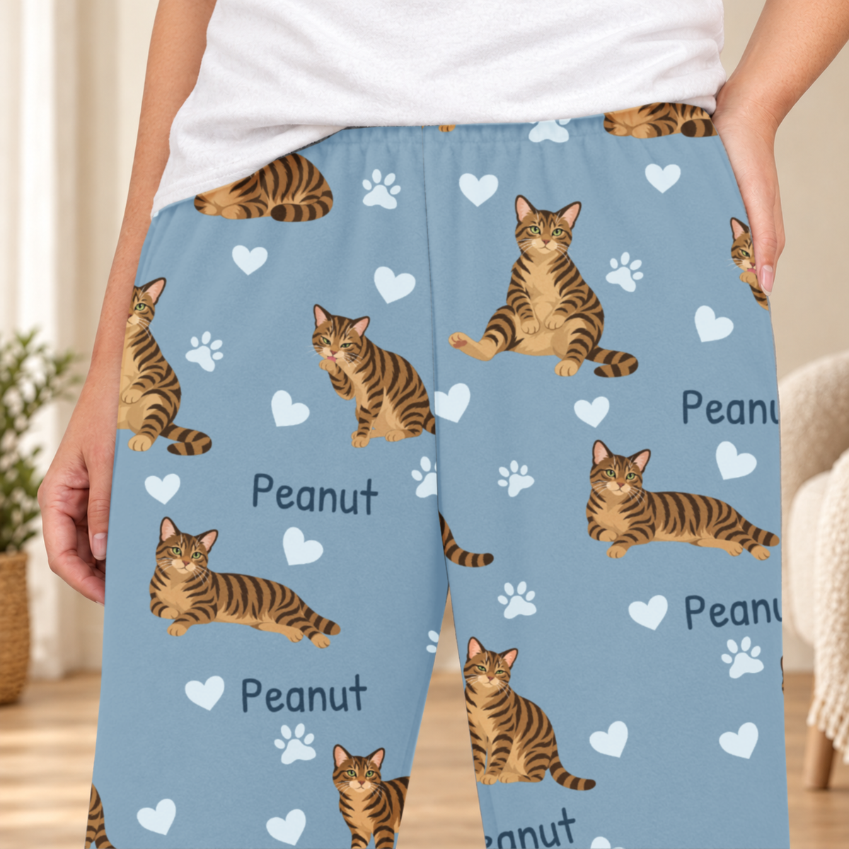 Domestic Shorthair Brown Mackerel Tabby personalized fleece pajama close-up showing breed artwork and example pet name