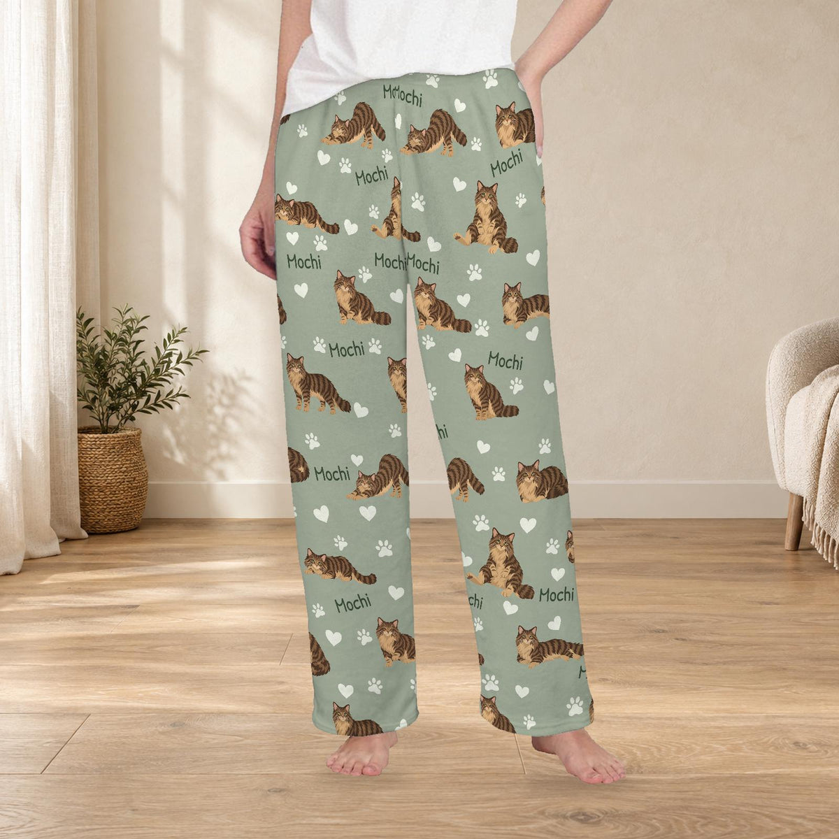 Domestic Longhair personalized fleece pajama trousers on a model; women's fit, front view. Cozy neutral room background.