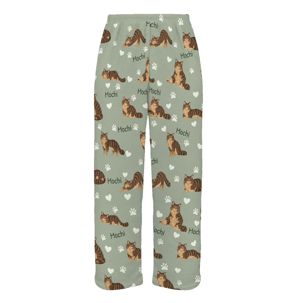 Domestic Longhair personalized pet name fleece pajama trousers, flat front view.