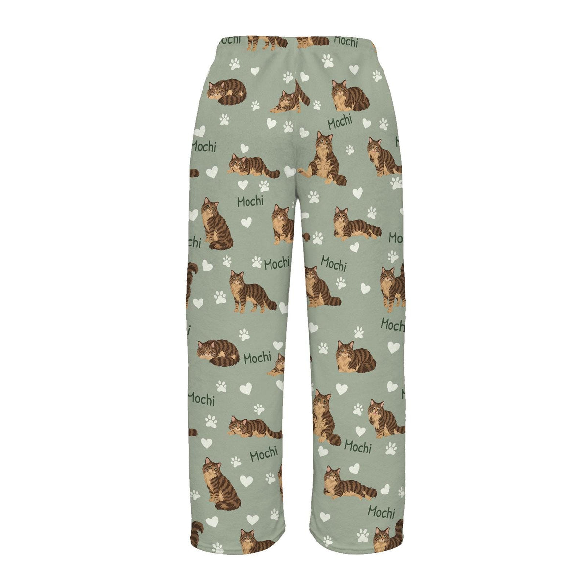 Domestic Longhair personalized pet name fleece pajama trousers, flat back view.