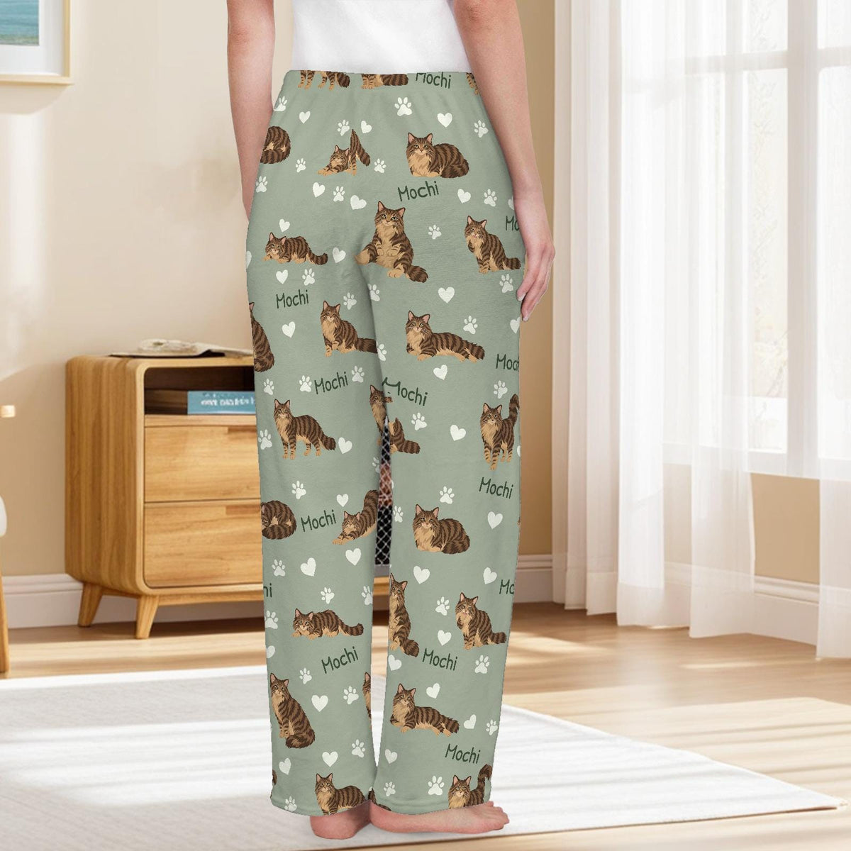 Domestic Longhair personalized pet name fleece pajama trousers, back lifestyle view.