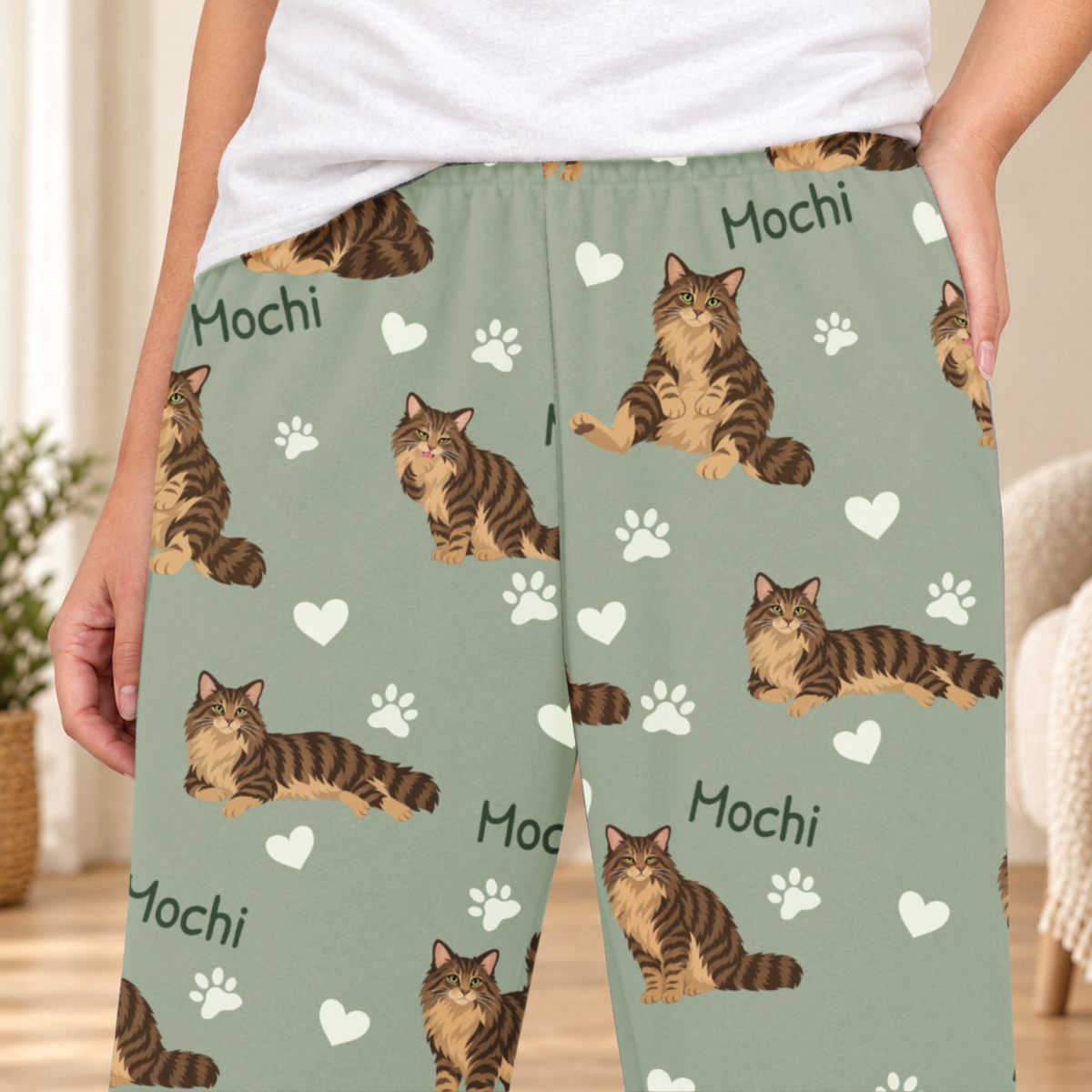 Domestic Longhair Brown Mackerel Tabby personalized fleece pajama close-up showing breed artwork and example pet name