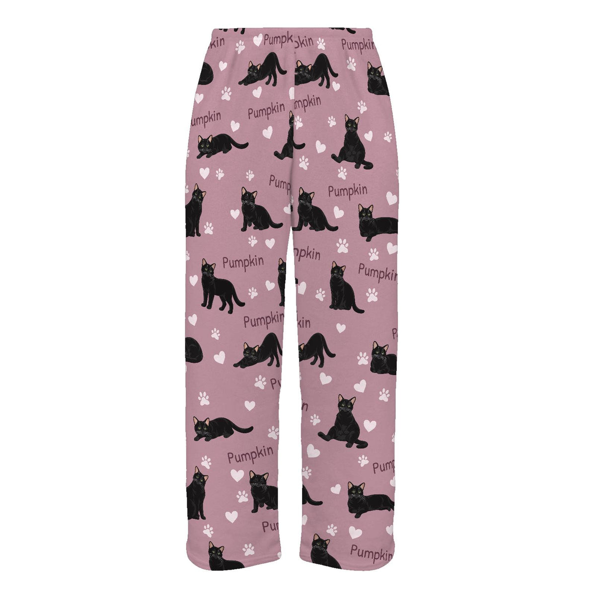 Domestic Shorthair personalized pet name fleece pajama trousers, flat front view.