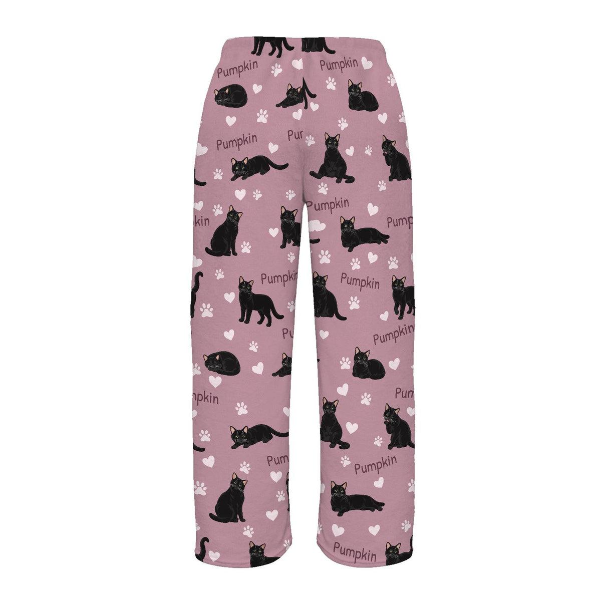 Domestic Shorthair personalized pet name fleece pajama trousers, flat back view.