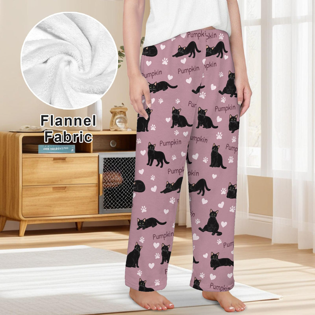 Domestic Shorthair personalized pet name fleece pajama trousers, front lifestyle view.