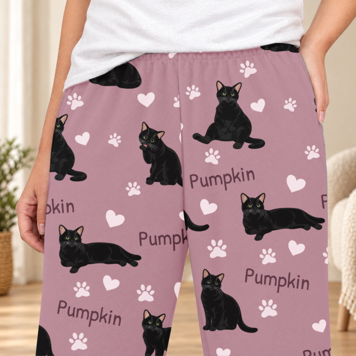 Domestic Shorthair Black personalized fleece pajama close-up showing breed artwork and example pet name