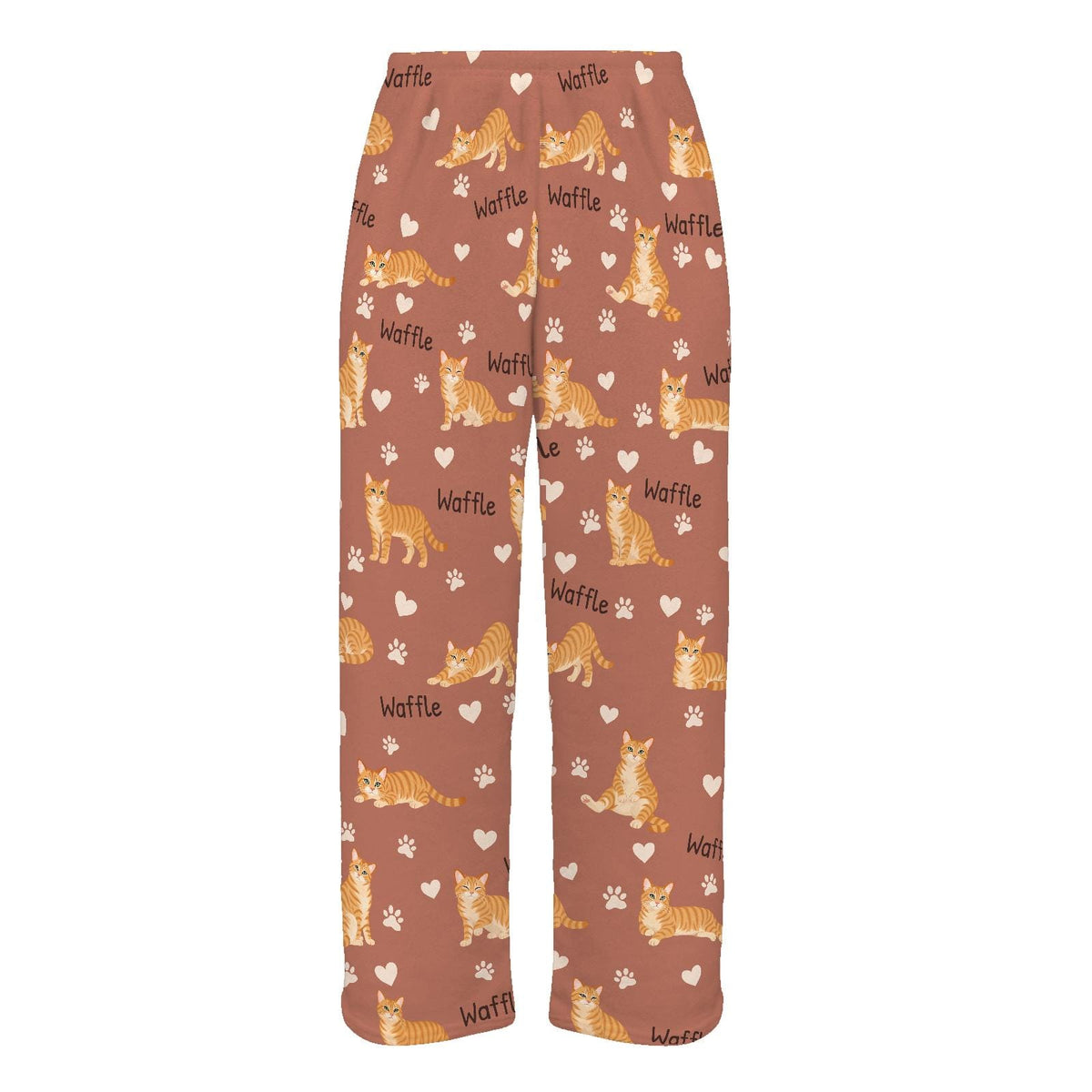 Domestic Shorthair personalized pet name fleece pajama trousers, flat front view.