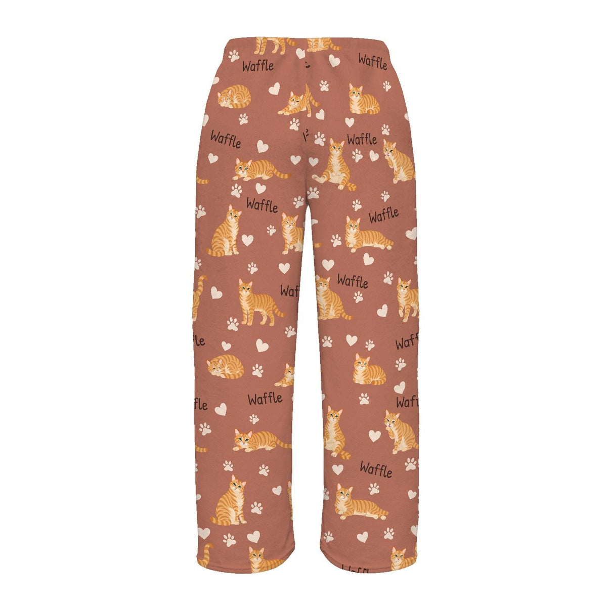 Domestic Shorthair personalized pet name fleece pajama trousers, flat back view.