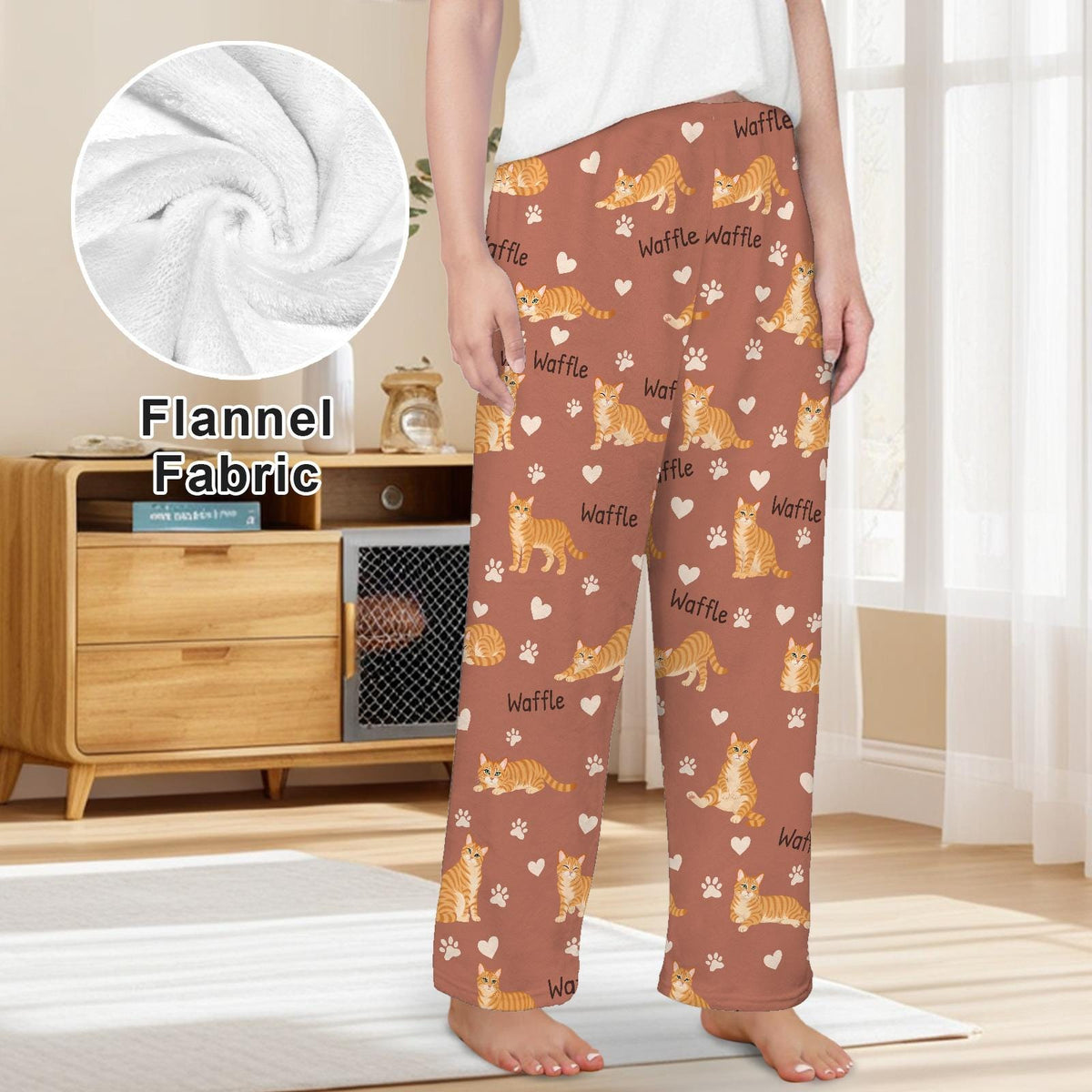 Domestic Shorthair personalized pet name fleece pajama trousers, front lifestyle view.