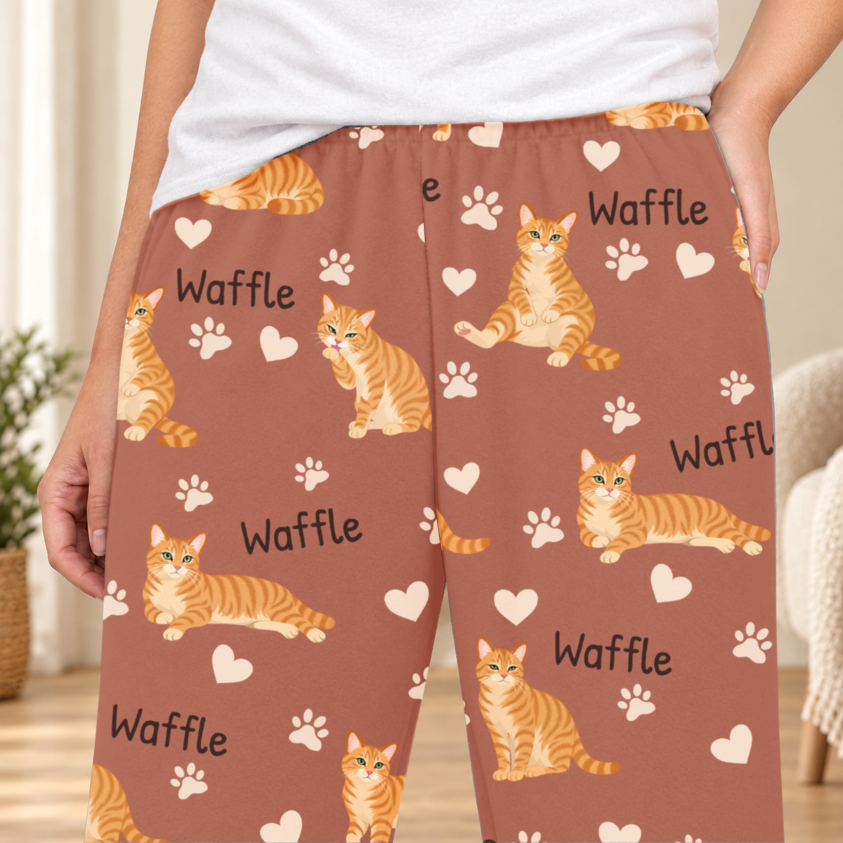 Domestic Shorthair Orange personalized fleece pajama close-up showing breed artwork and example pet name