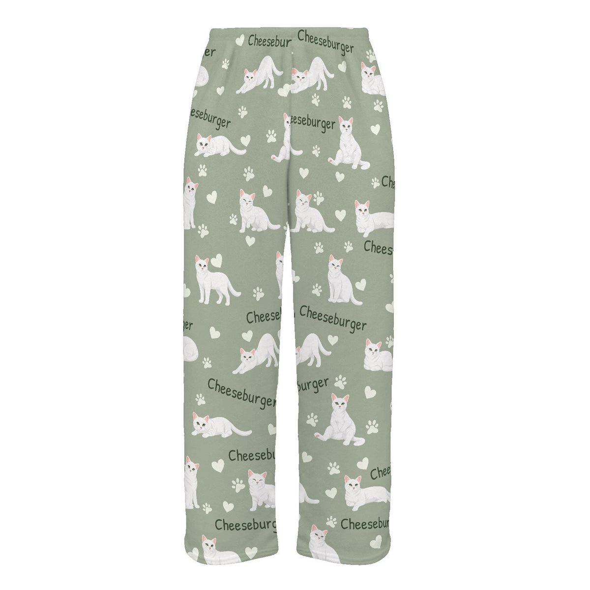 Domestic Shorthair personalized pet name fleece pajama trousers, flat front view.
