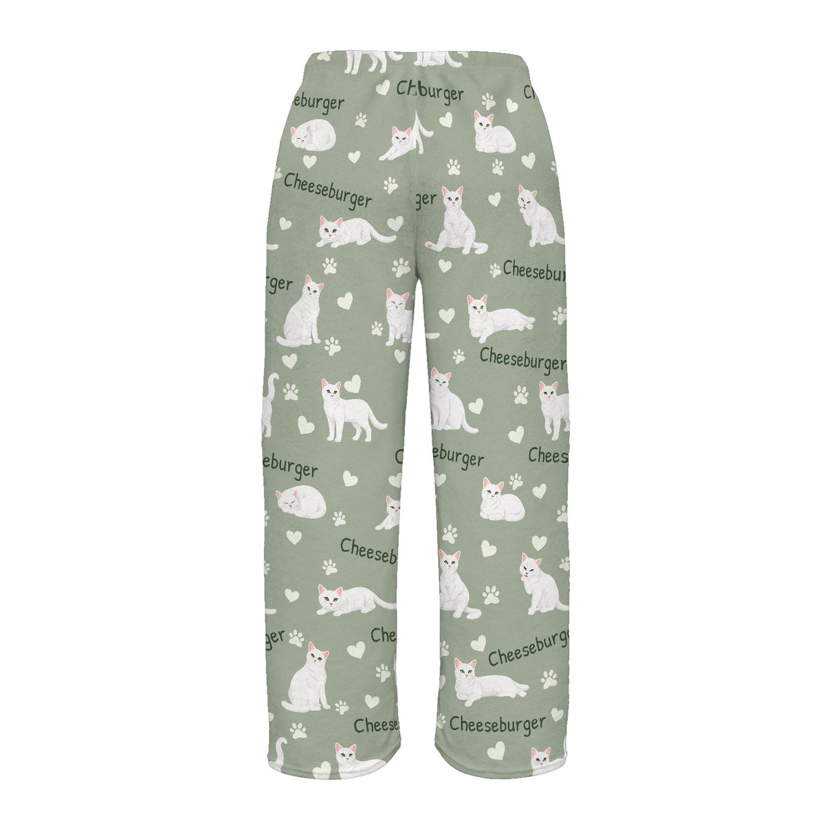 Domestic Shorthair personalized pet name fleece pajama trousers, flat back view.