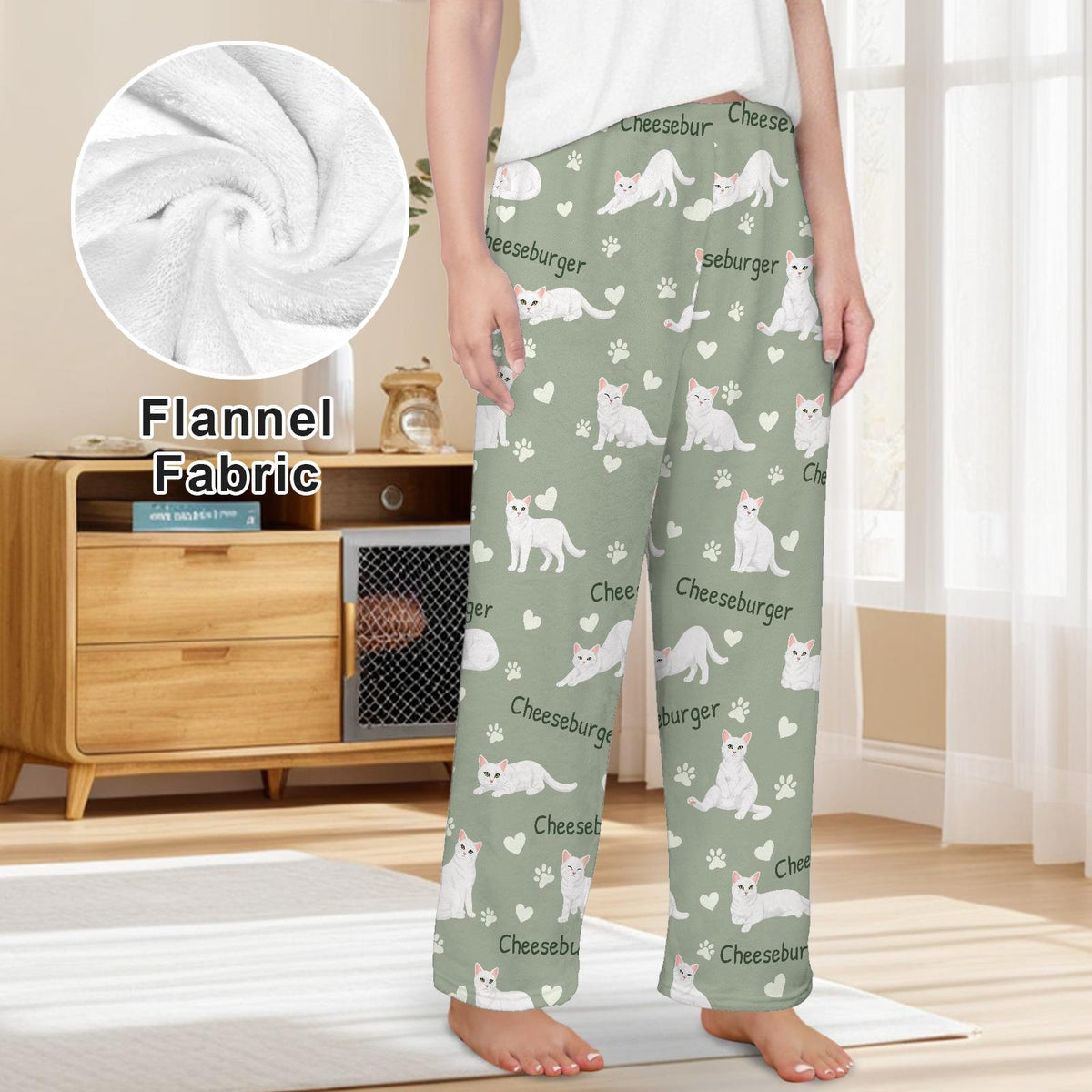 Domestic Shorthair personalized pet name fleece pajama trousers, front lifestyle view.