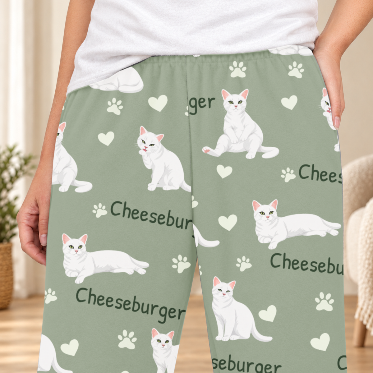 Domestic Shorthair White personalized fleece pajama close-up showing breed artwork and example pet name